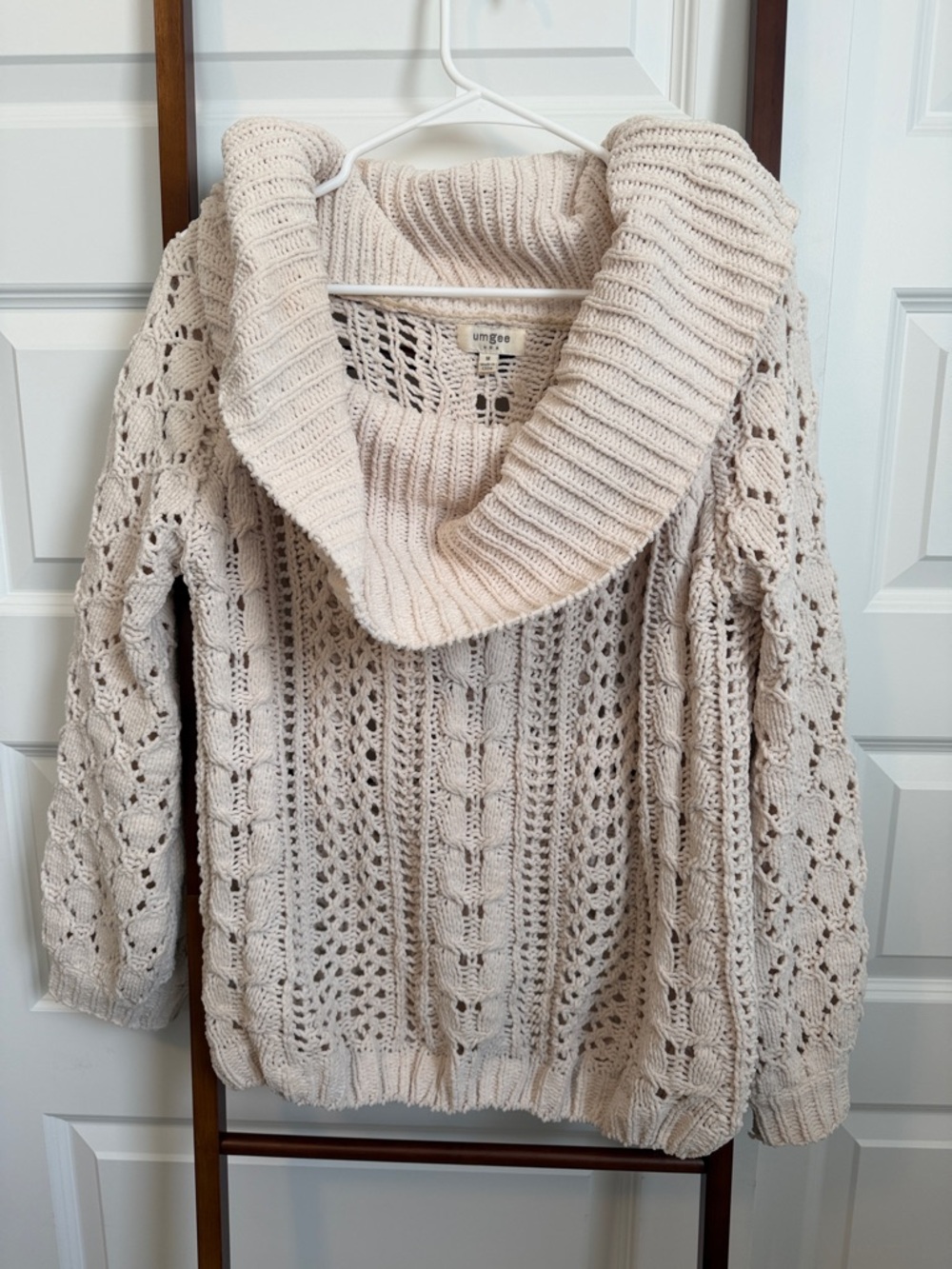 Umgee Open Crochet Cowl Neck Sweater in Cream
